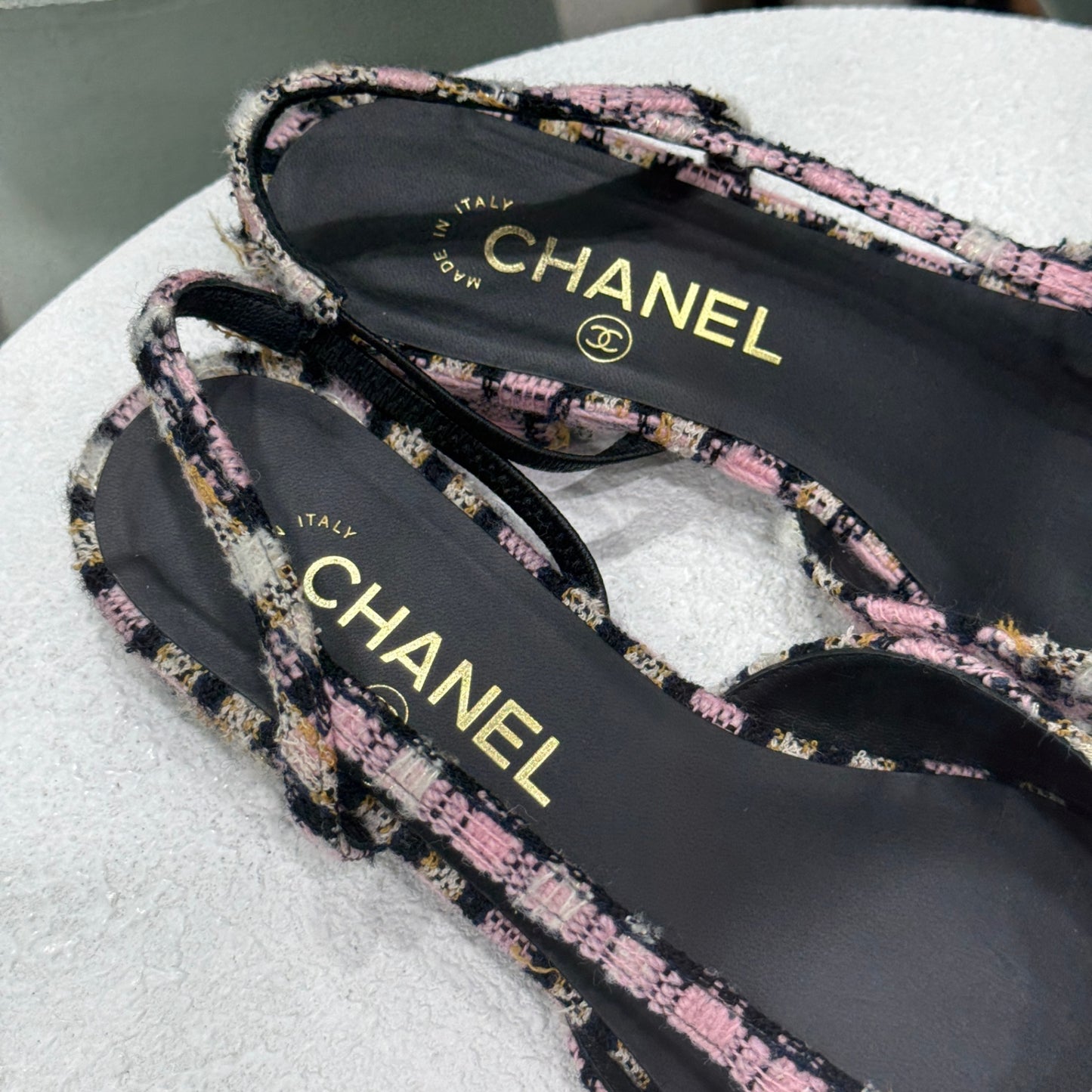 CHANEL Pink Tweed Flats Sz 38