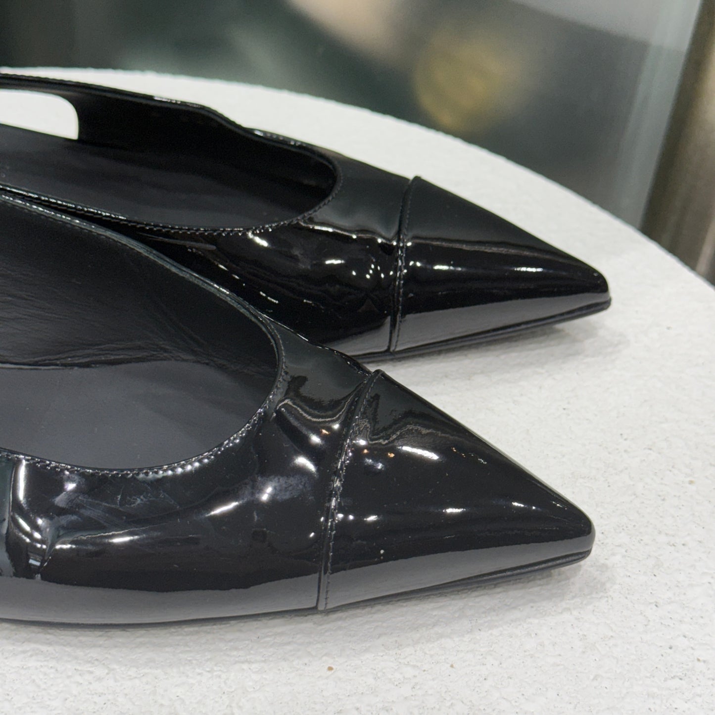 CHANEL Black Patent Point Flats Sz 38.5