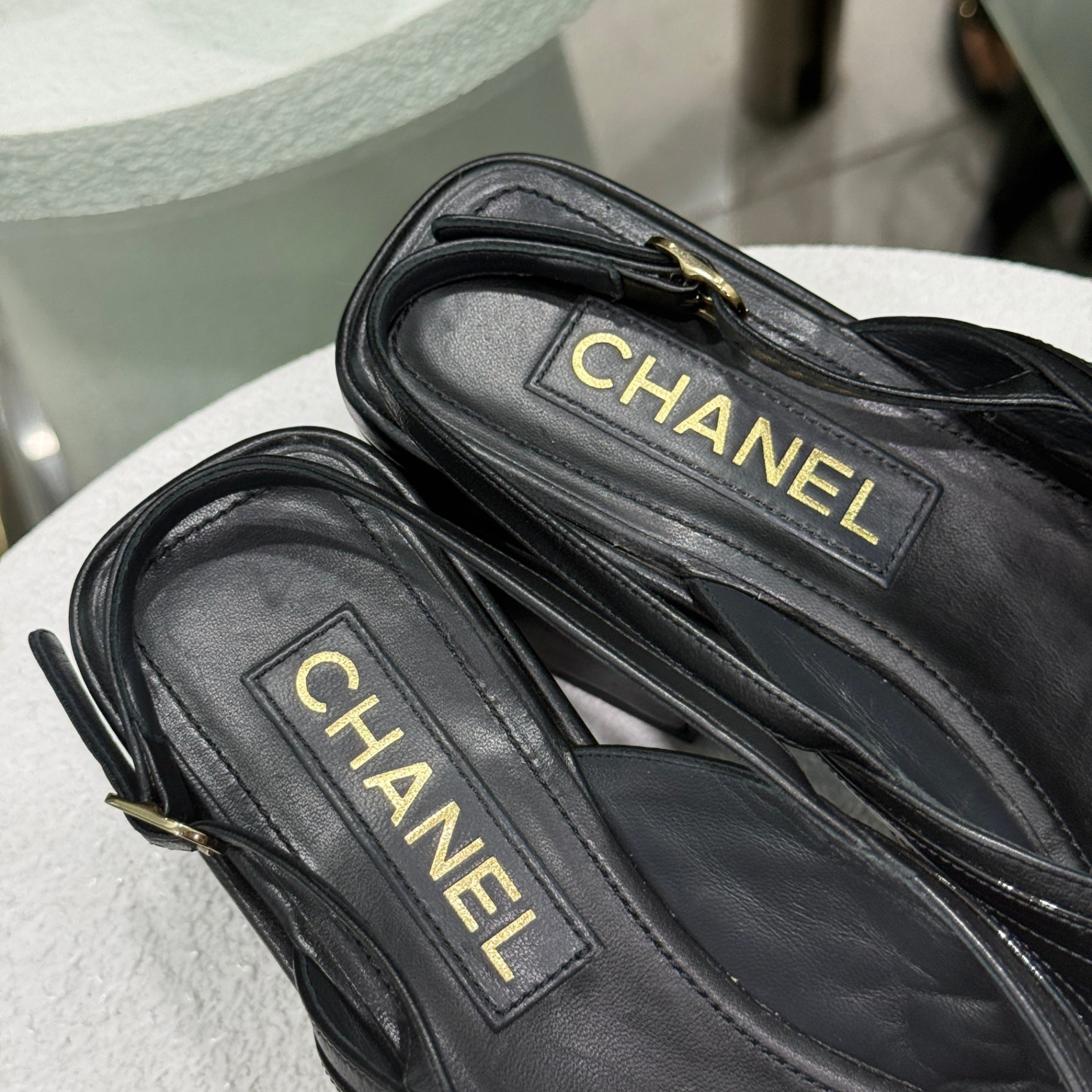CHANEL Black Quilted Platform Mules Sz 38