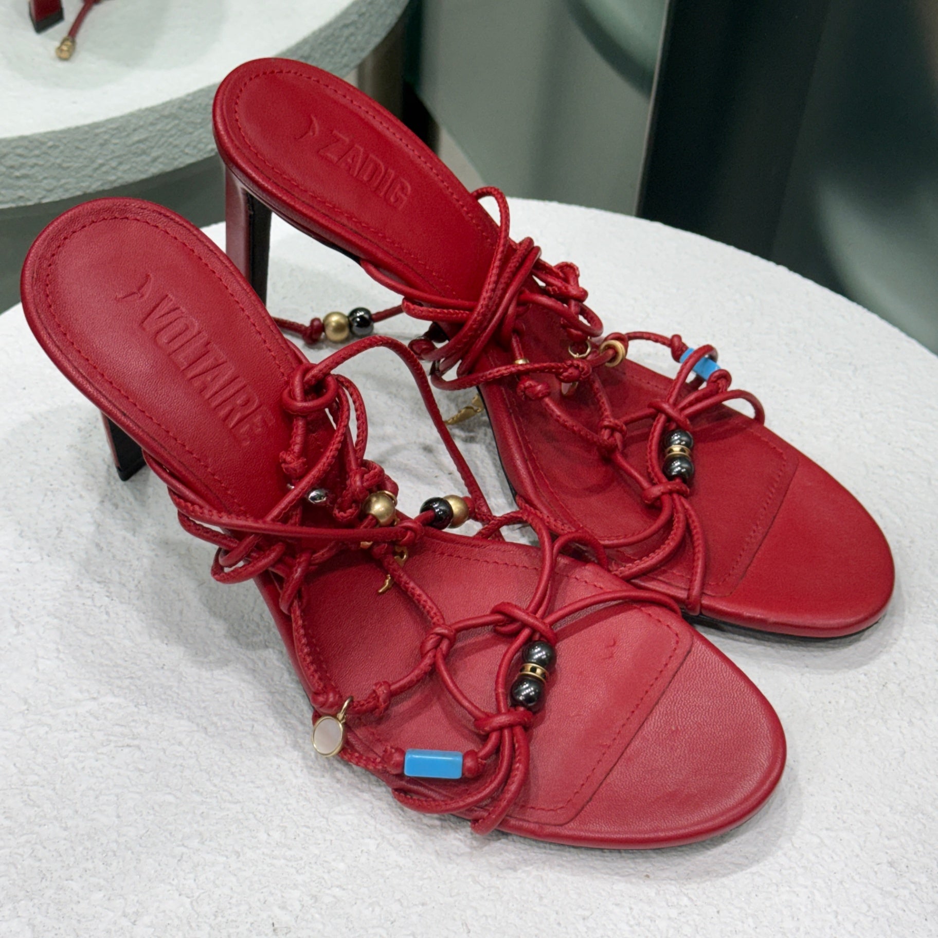 ZADIG & VOLTAIRE Red Strap Beaded Heels Sz 38
