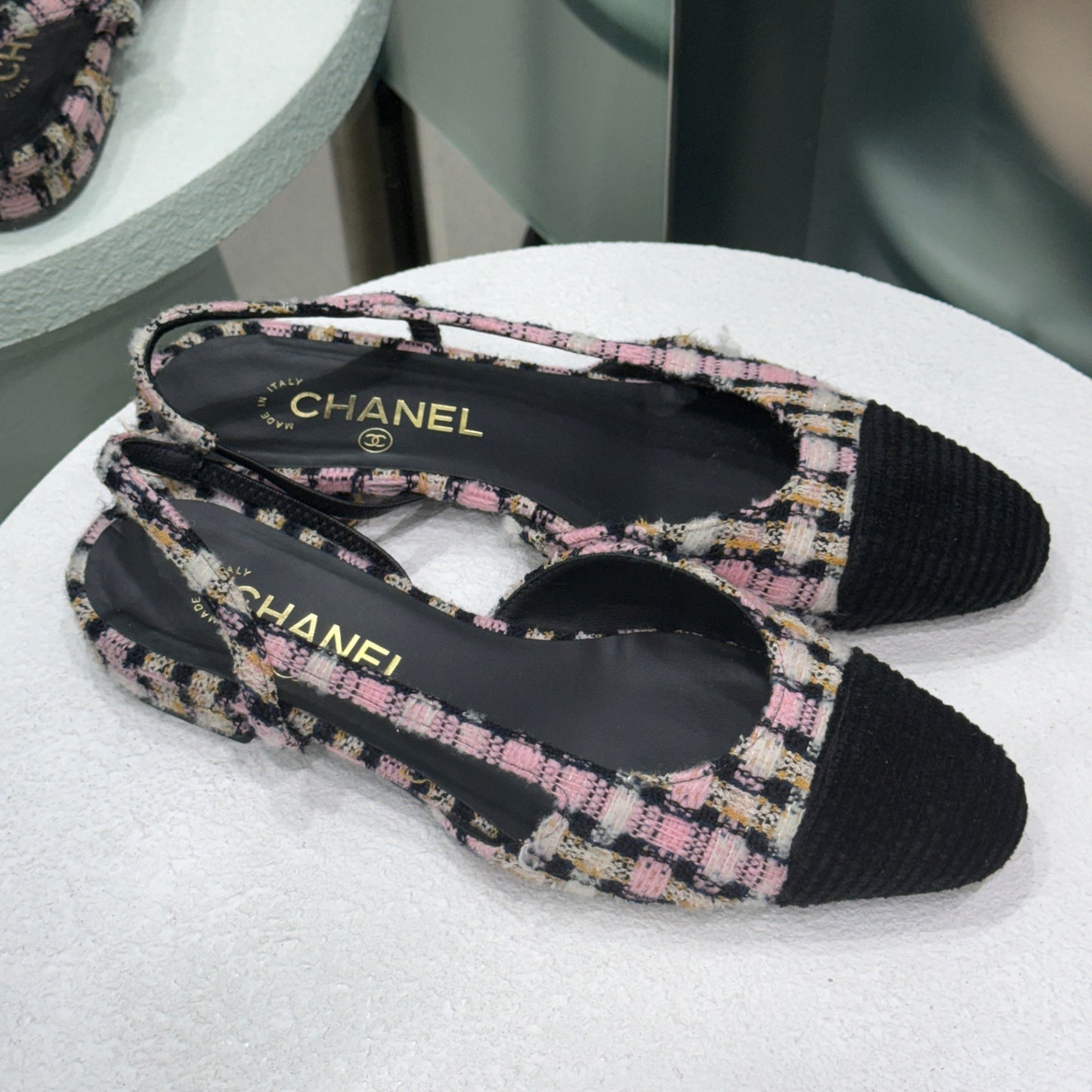CHANEL Pink Tweed Flats Sz 38