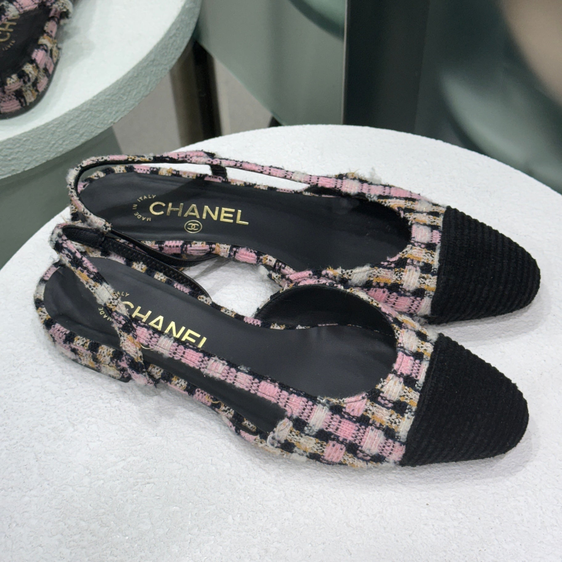 CHANEL Pink Tweed Flats Sz 38