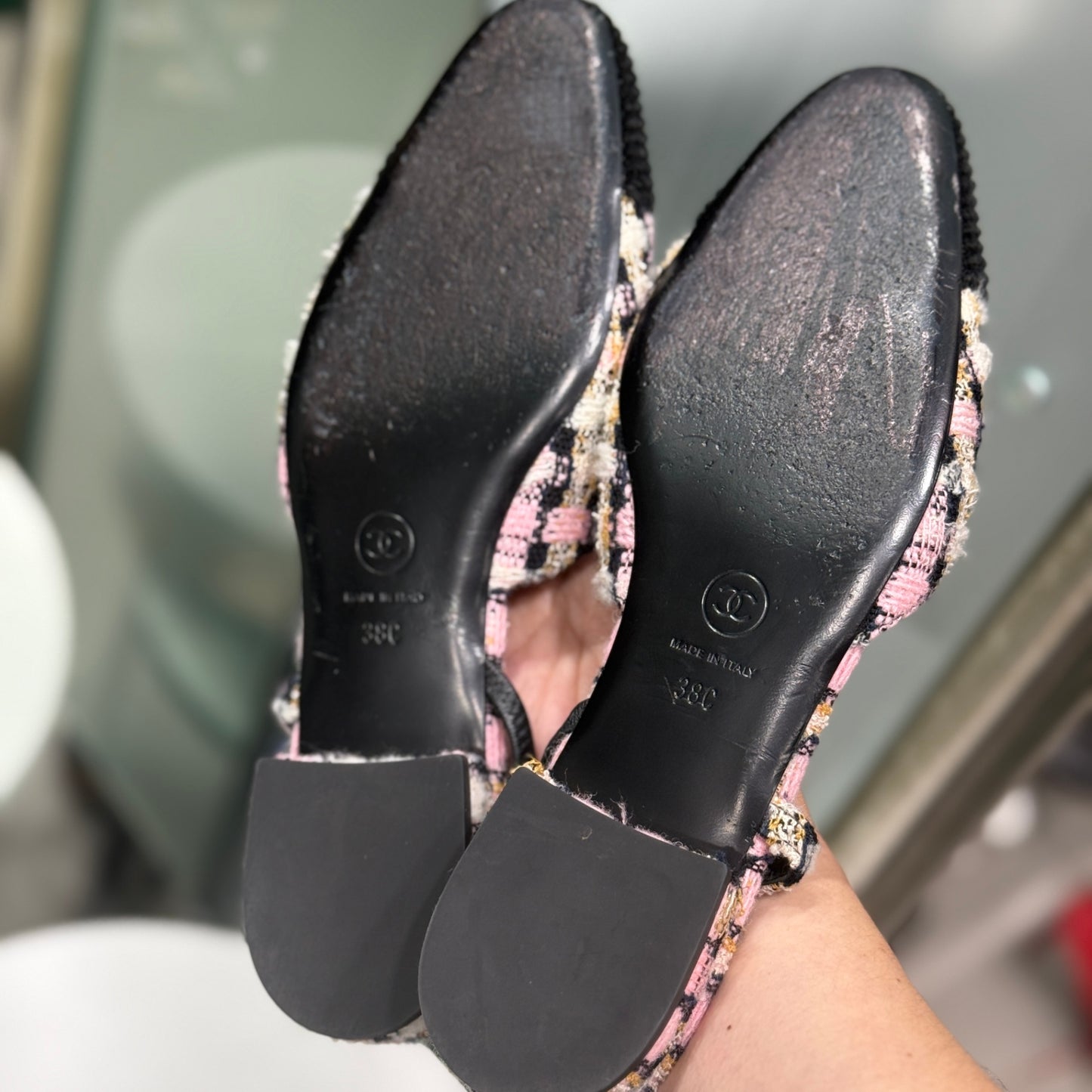 CHANEL Pink Tweed Flats Sz 38