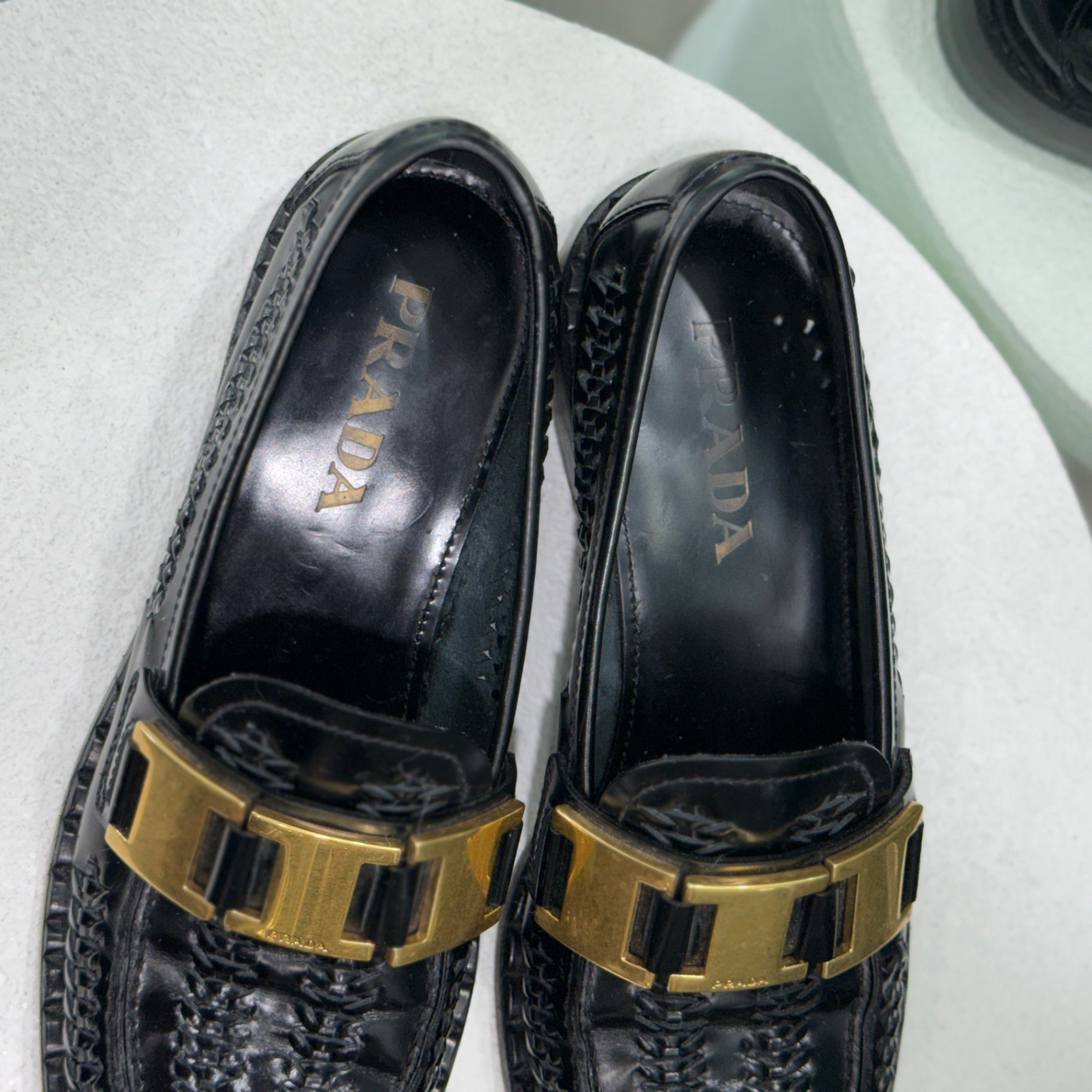 PRADA Black Loafers Gold Detail Sz 37
