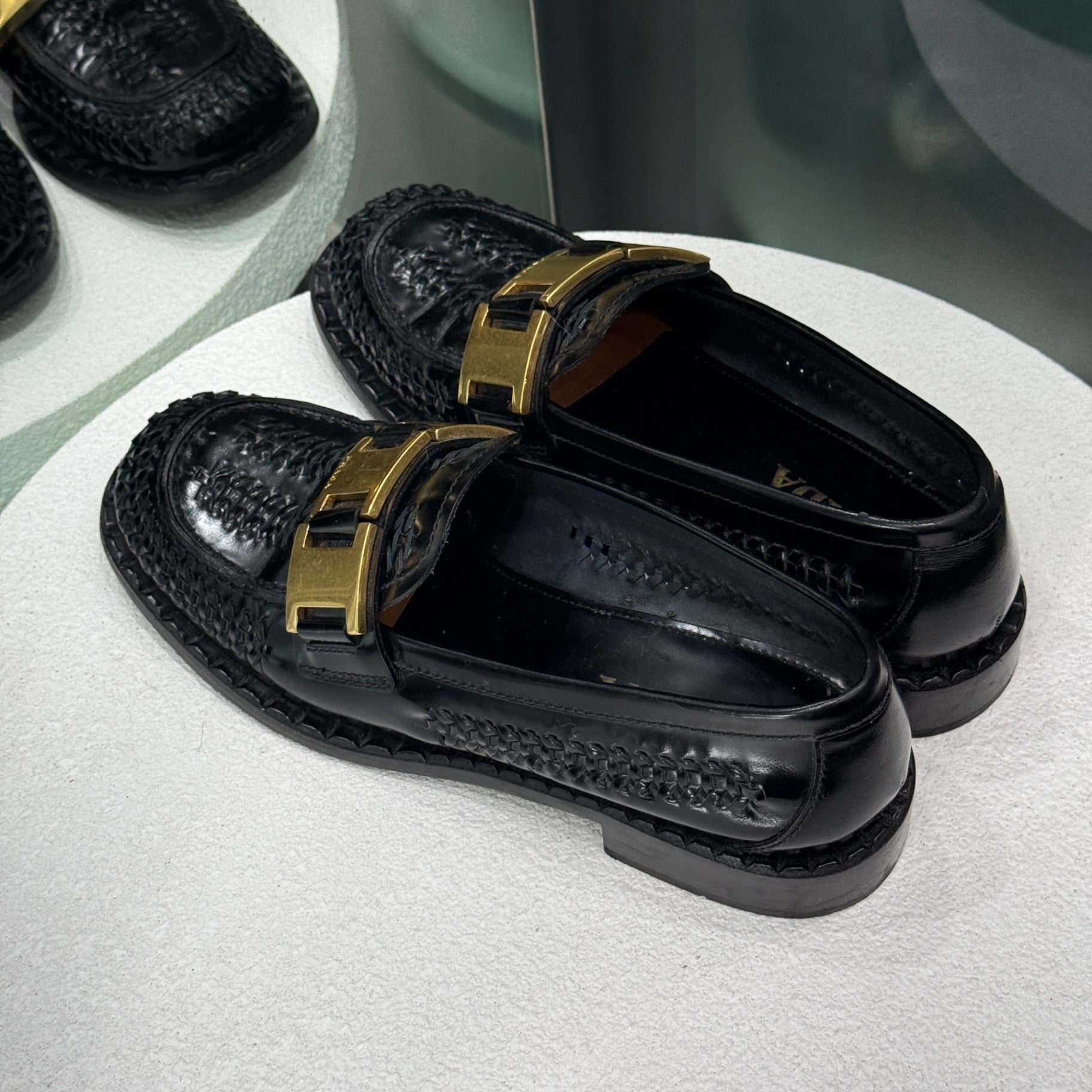 PRADA Black Loafers Gold Detail Sz 37