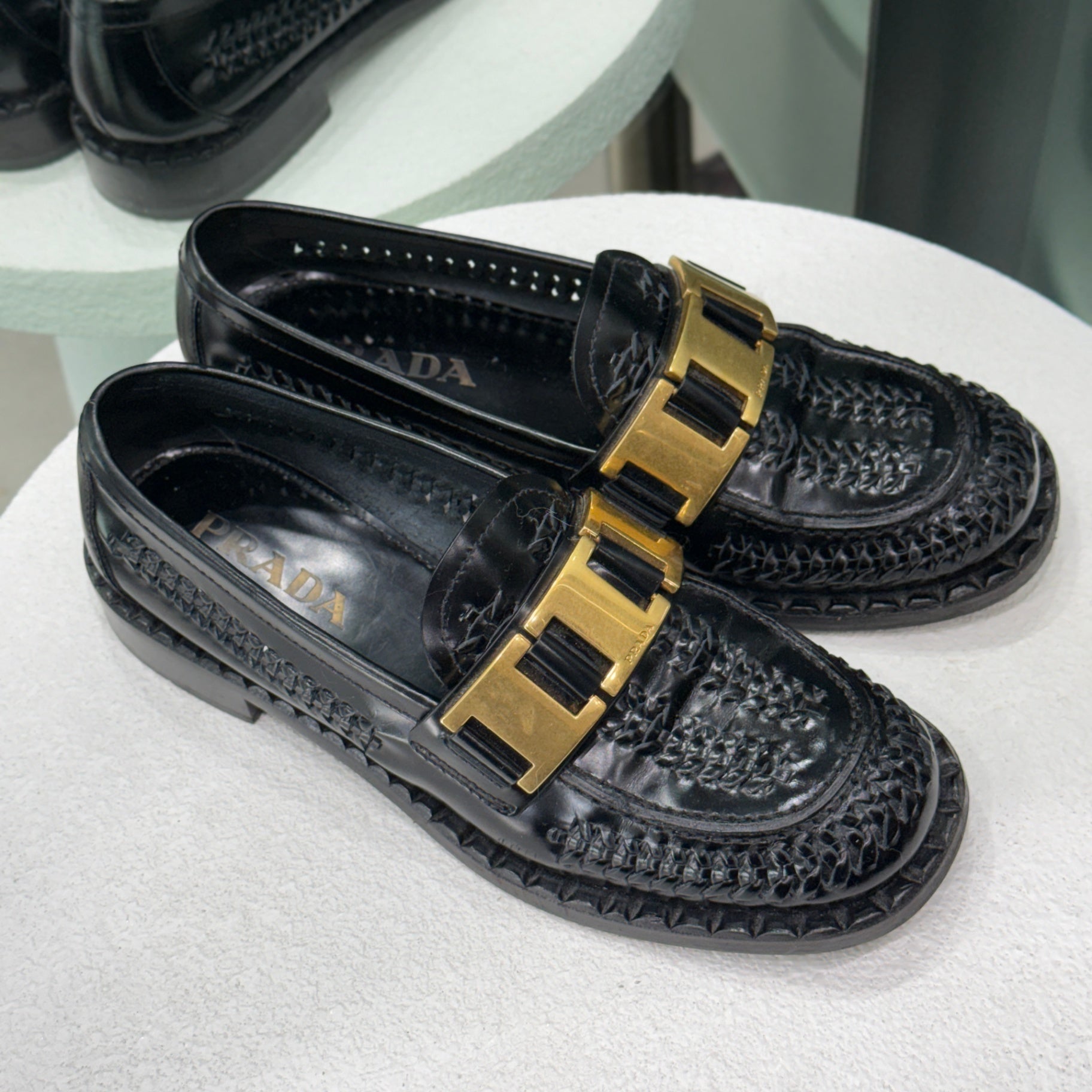 PRADA Black Loafers Gold Detail Sz 37