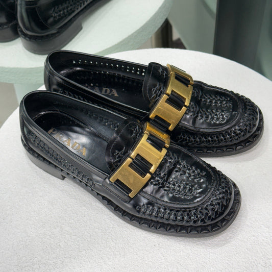 PRADA Black Loafers Gold Detail Sz 37
