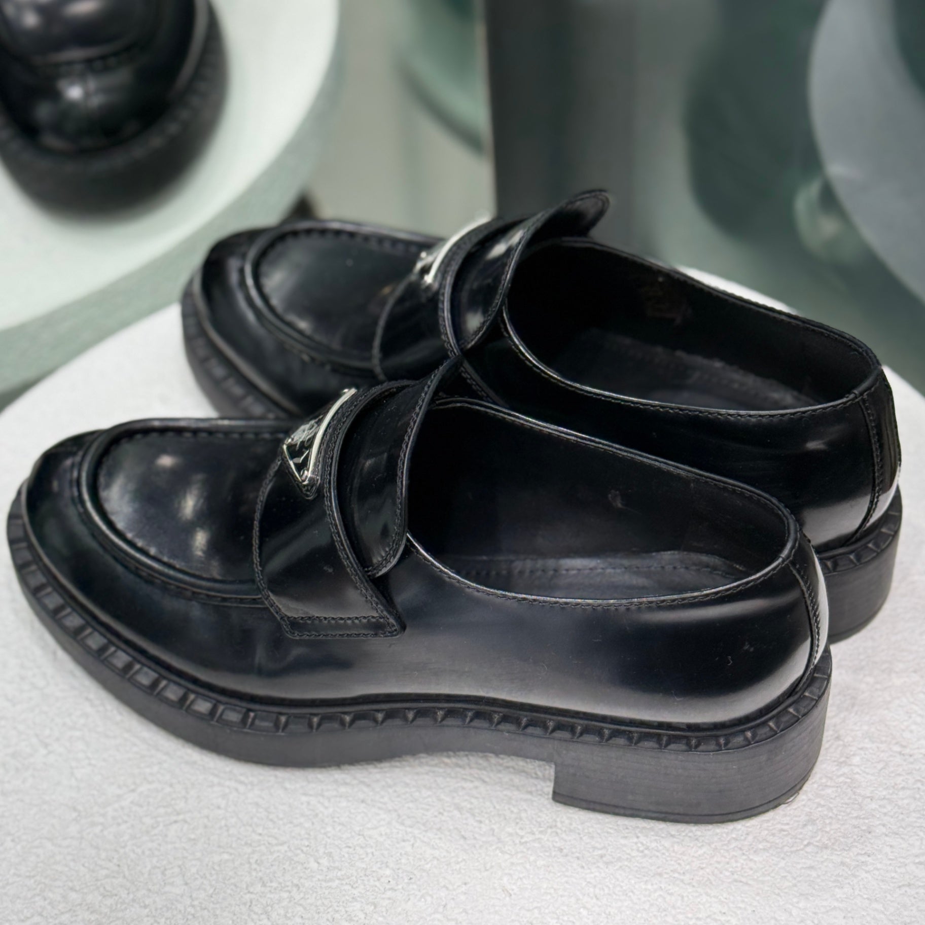 PRADA Black Patent Loafers Sz 38