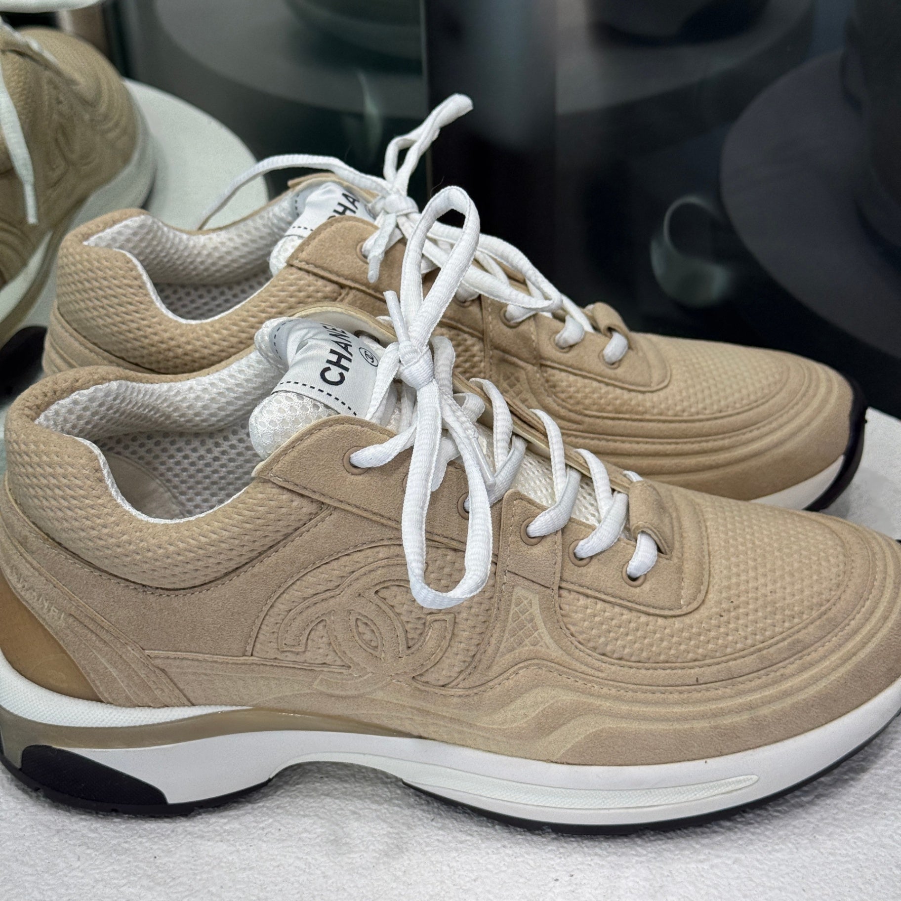 CHANEL Beige CC Sneakers Sz 38.5