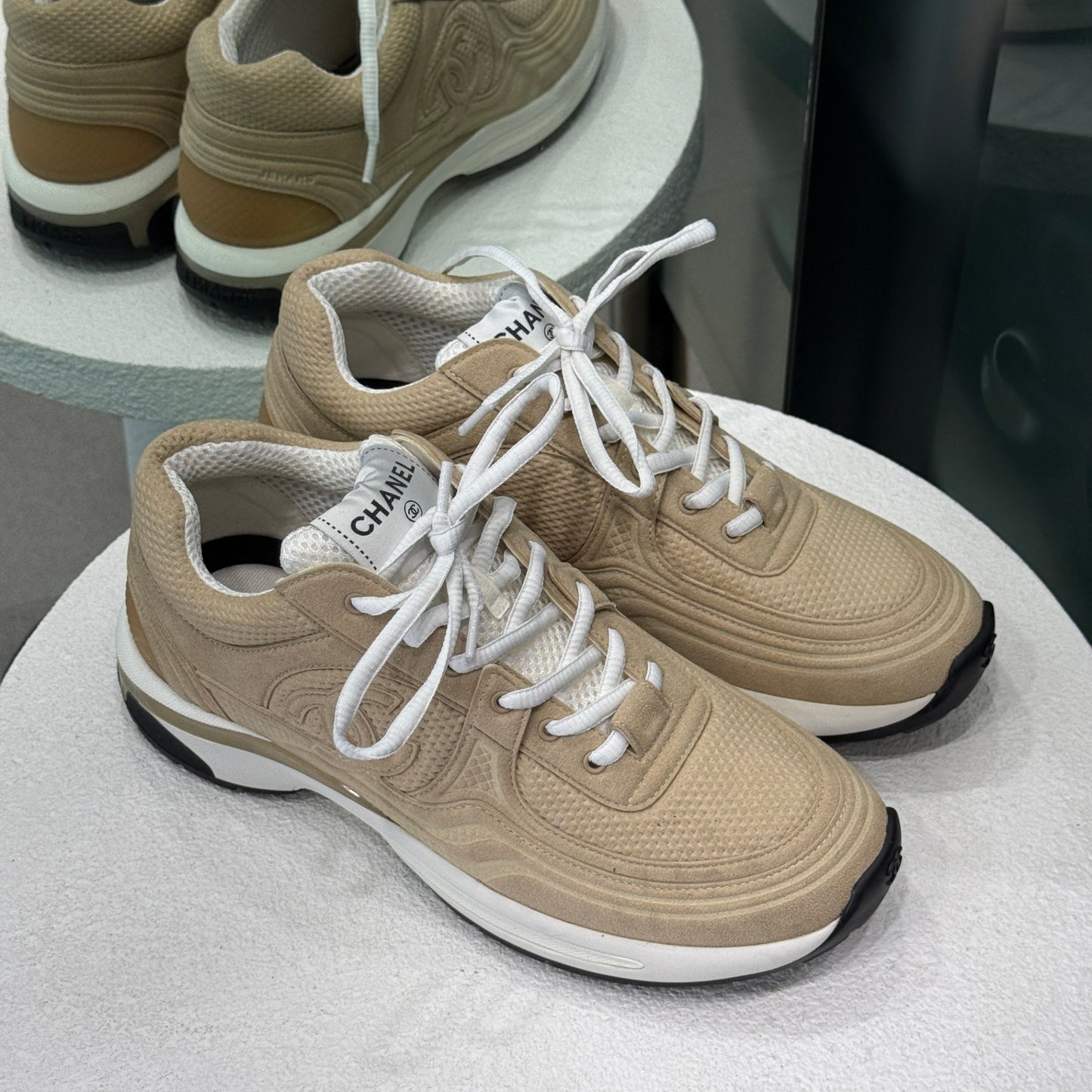 CHANEL Beige CC Sneakers Sz 38.5