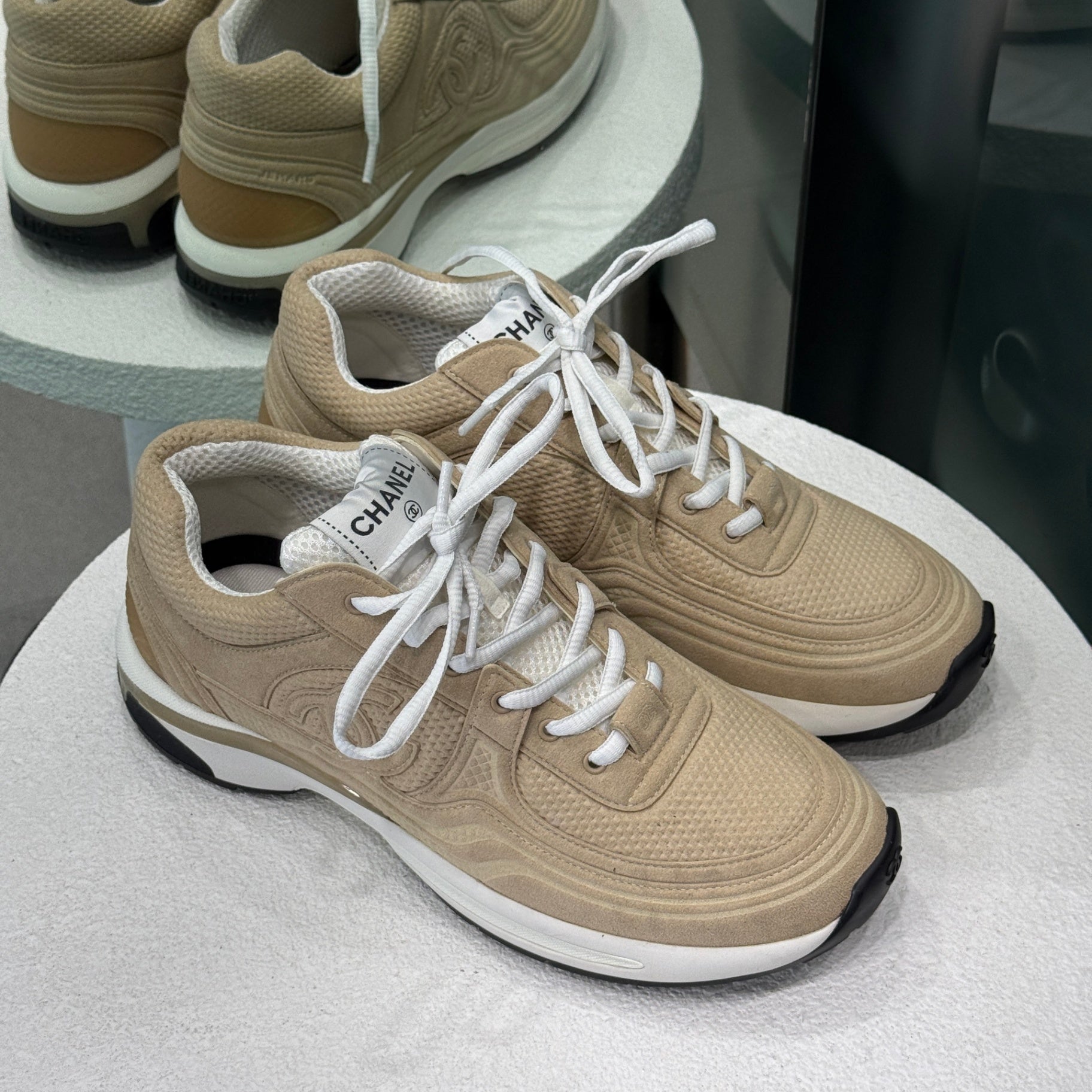 CHANEL Beige CC Sneakers Sz 38.5
