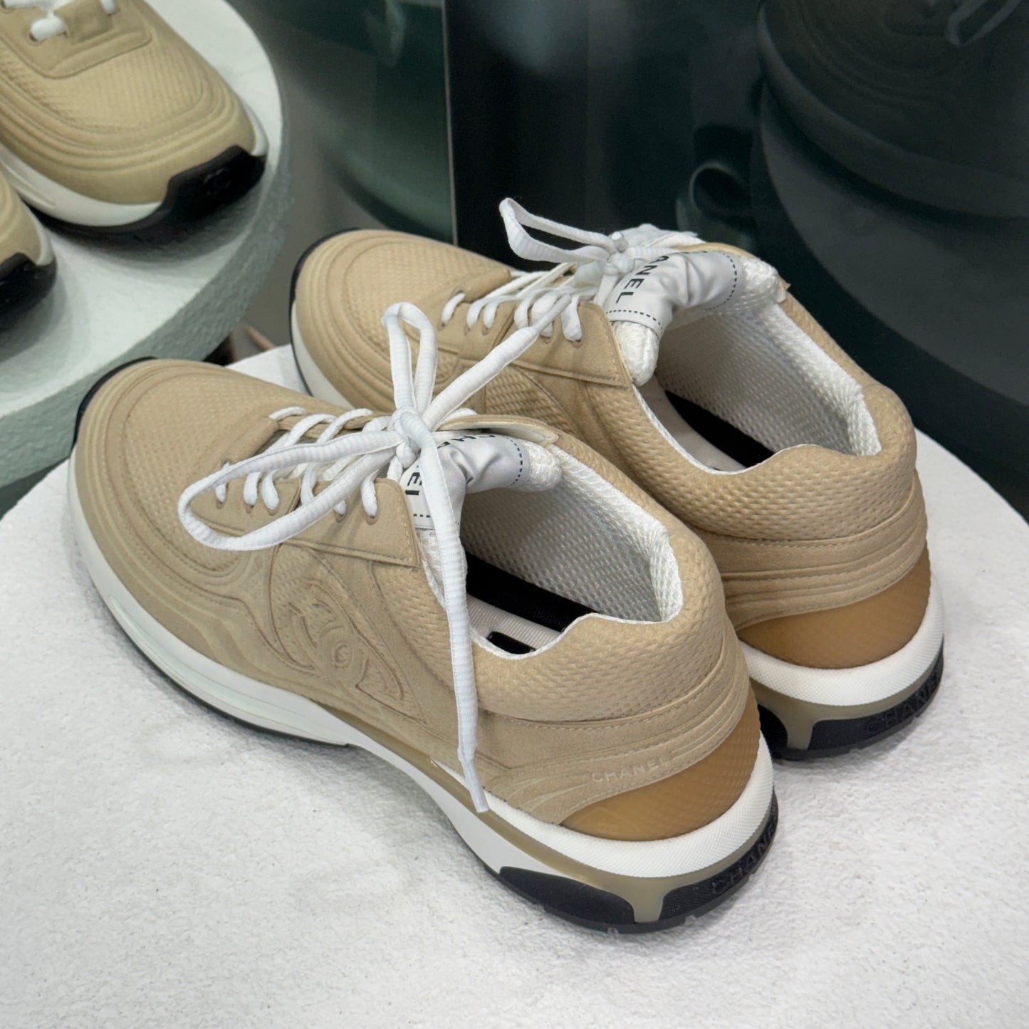 CHANEL Beige CC Sneakers Sz 38.5