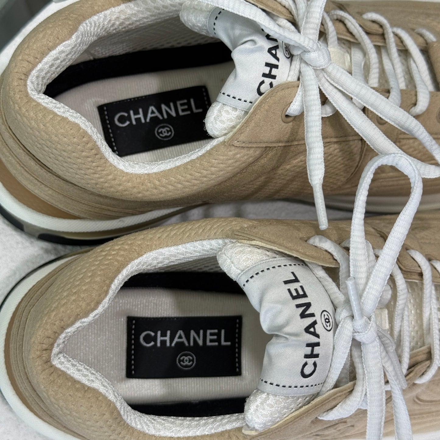 CHANEL Beige CC Sneakers Sz 38.5