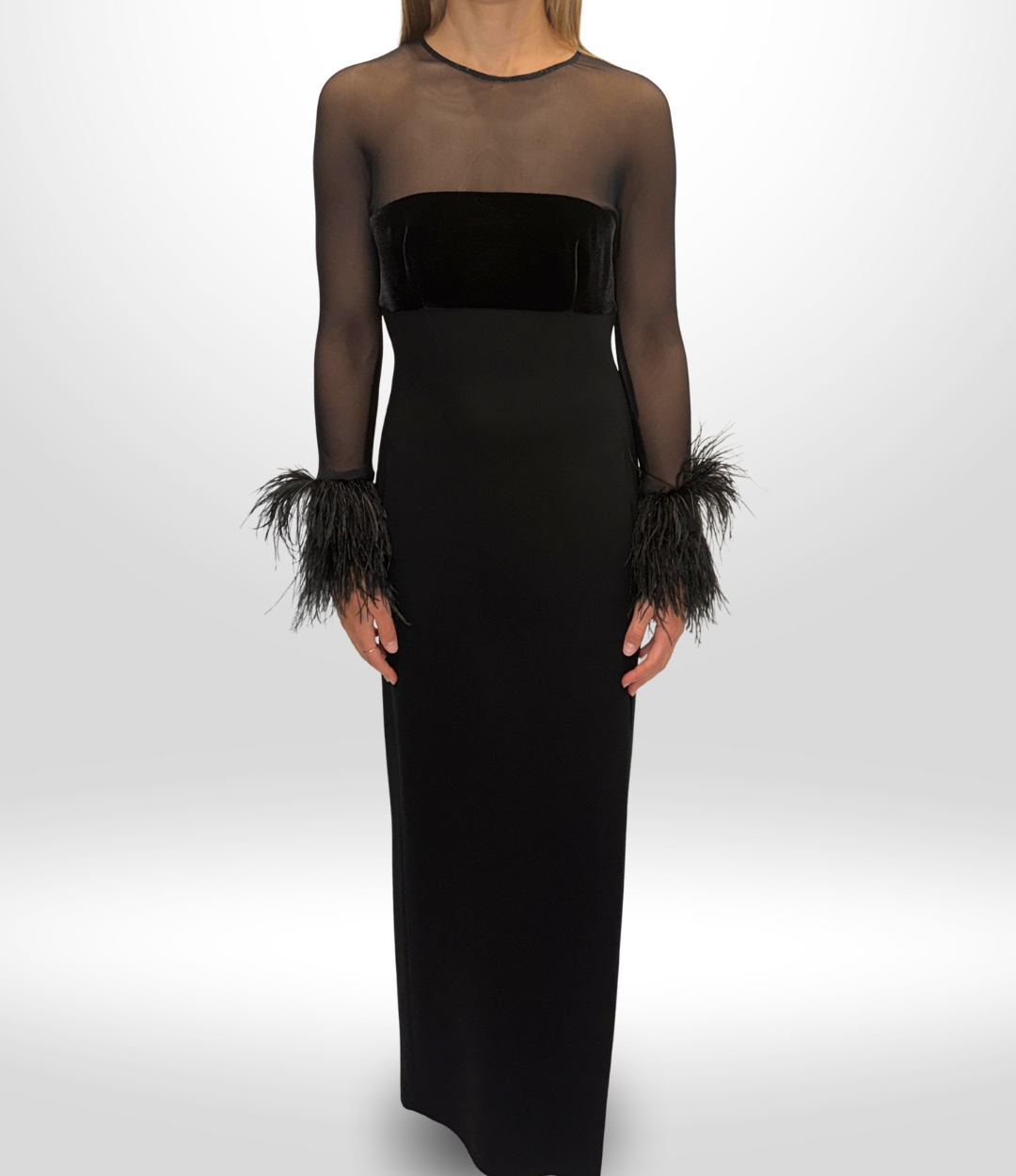 CARLA ZAMPATTI Blk Long feather dress size 6