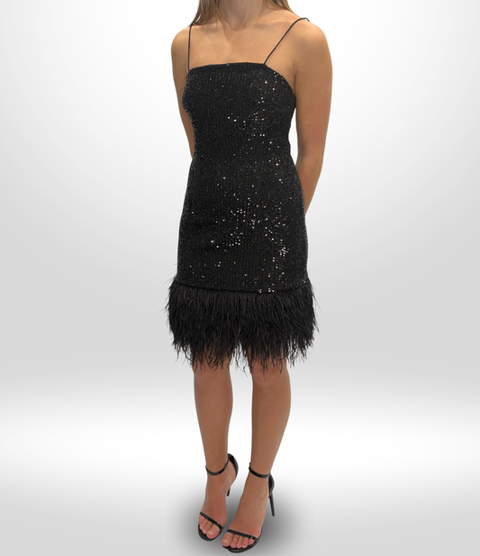 REBECCA VALLANCE Black Sequin Feather Trim Mini Dress Sz 8