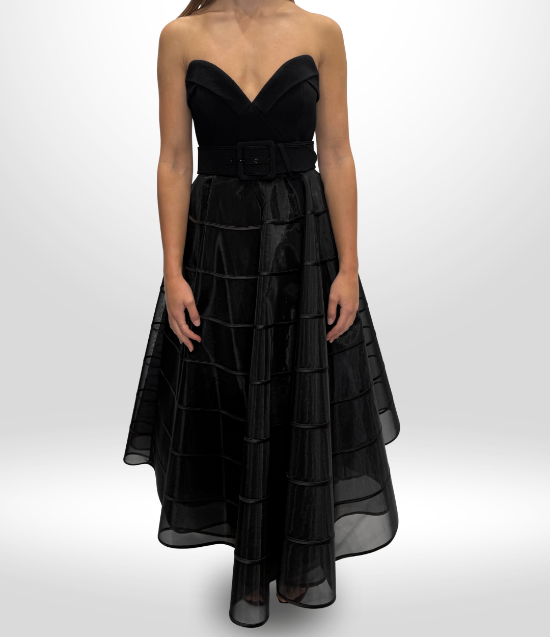 REBECCA VALLANCE Black Mesh Belted Strapless Dress Sz 8