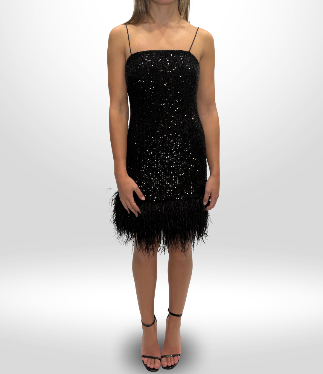 REBECCA VALLANCE Black Sequin Feather Trim Mini Dress Sz 8