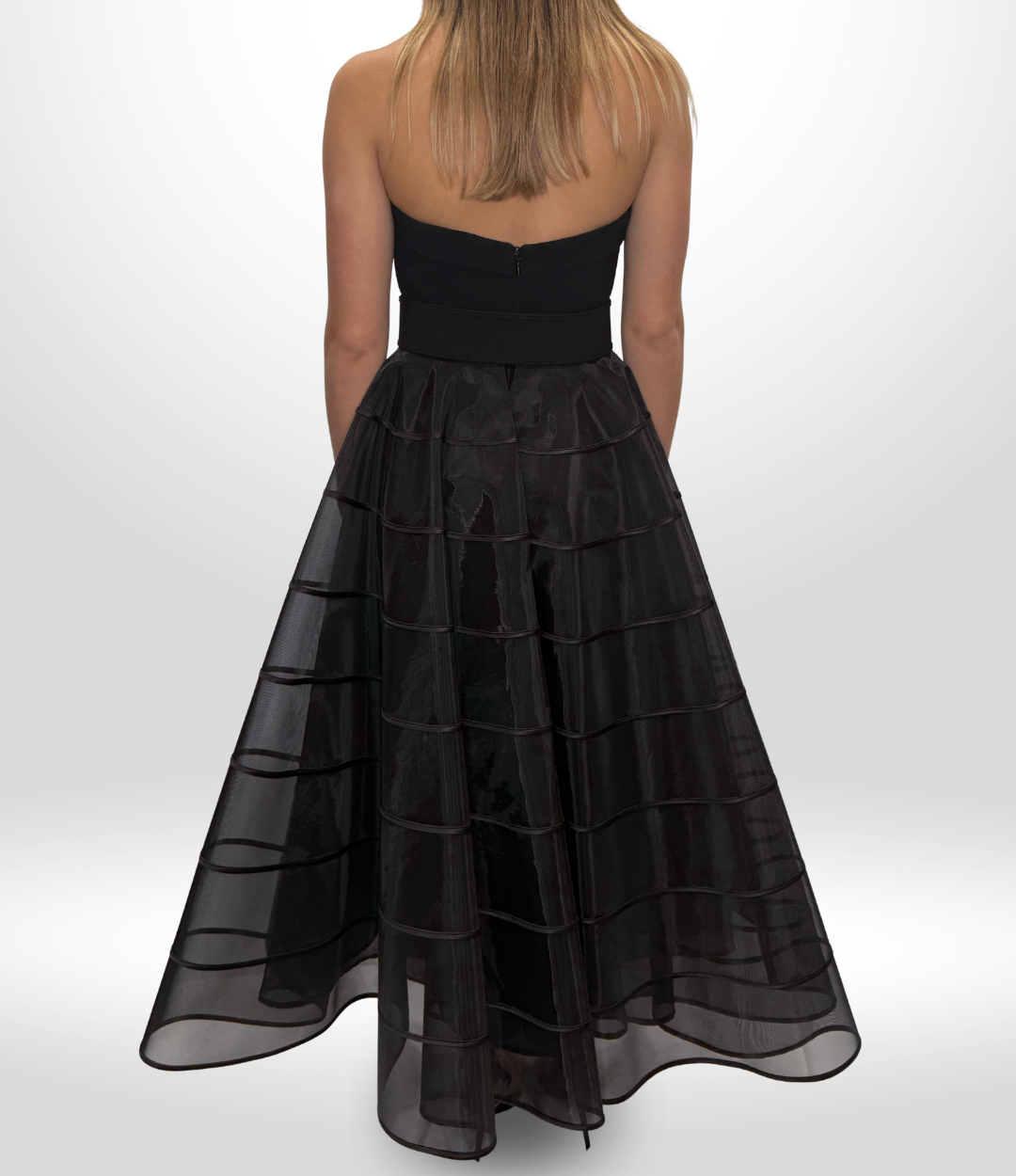 REBECCA VALLANCE Black Mesh Belted Strapless Dress Sz 8