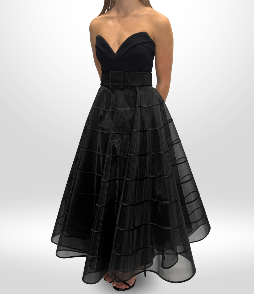 REBECCA VALLANCE Black Mesh Belted Strapless Dress Sz 8