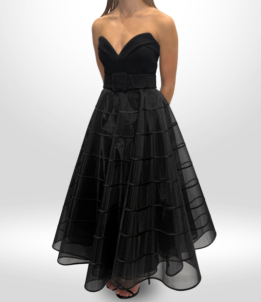 REBECCA VALLANCE Black Mesh Belted Strapless Dress Sz 8
