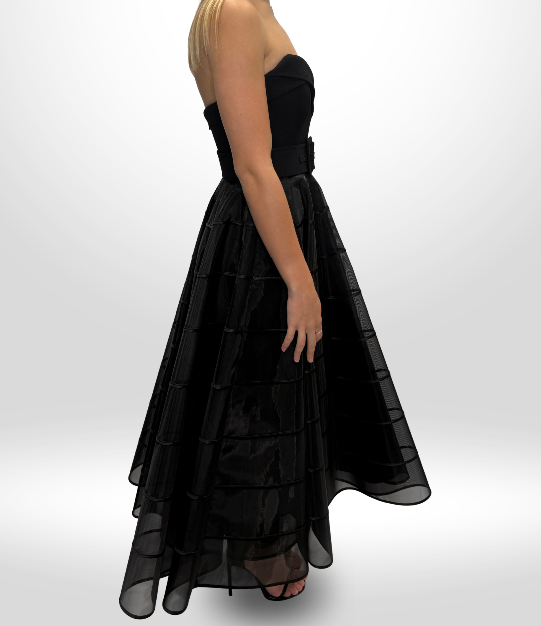 REBECCA VALLANCE Black Mesh Belted Strapless Dress Sz 8