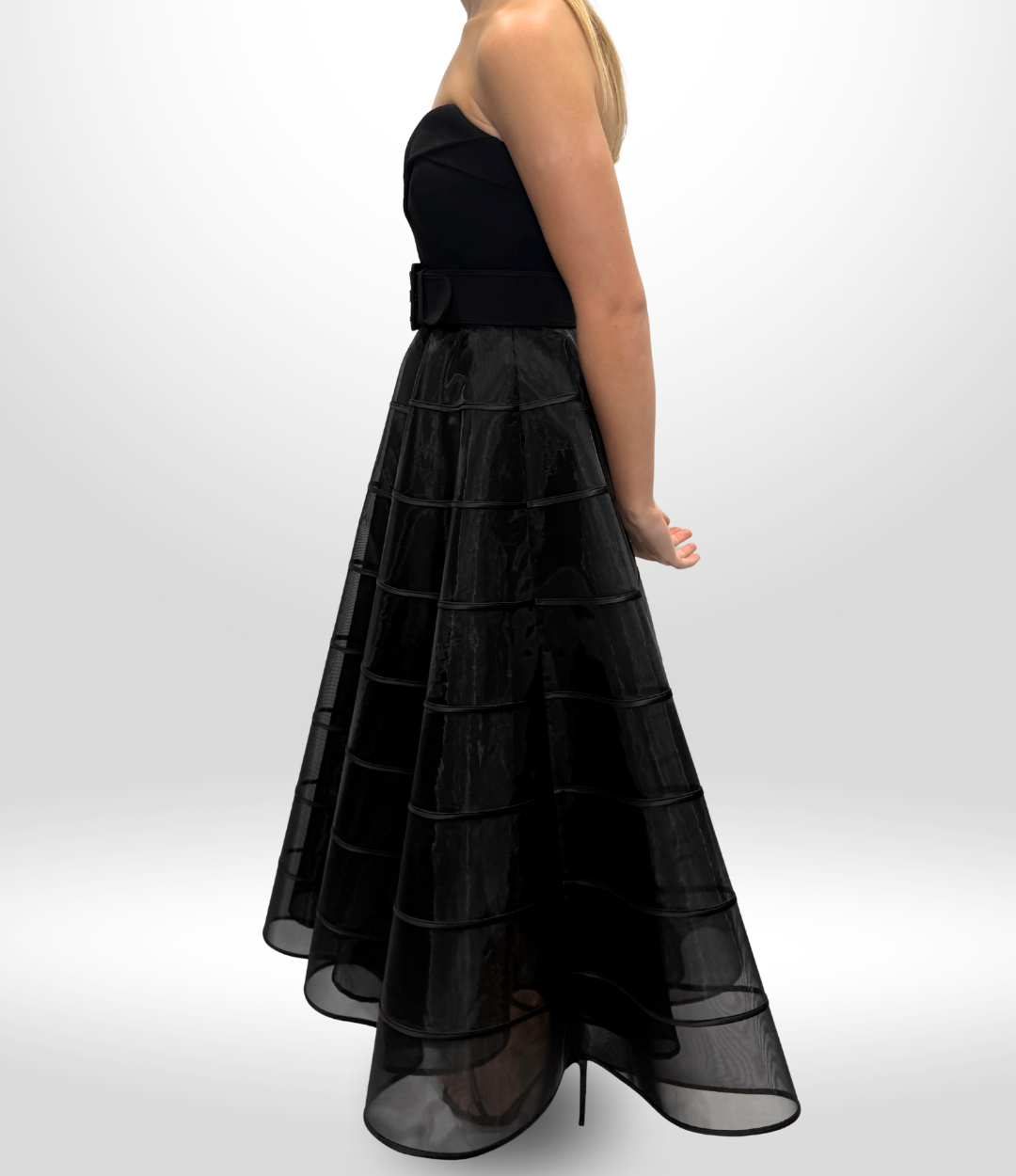 REBECCA VALLANCE Black Mesh Belted Strapless Dress Sz 8