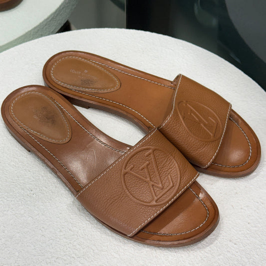 LOUIS VUITTON Brown Lock It Leather Sandals Sz 38