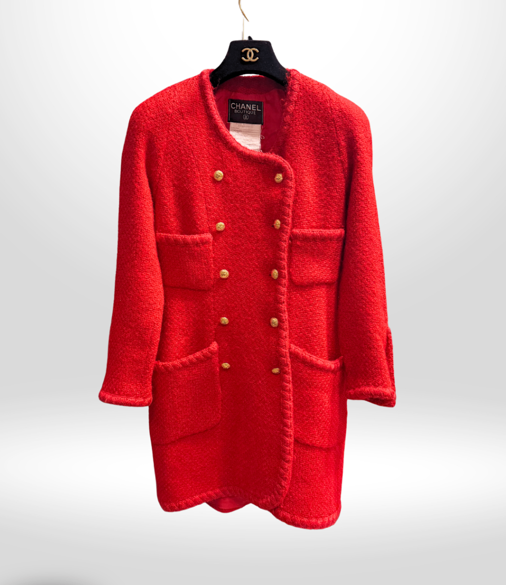 CHANEL Vintage Red Tweed Coat Dress Sz 38