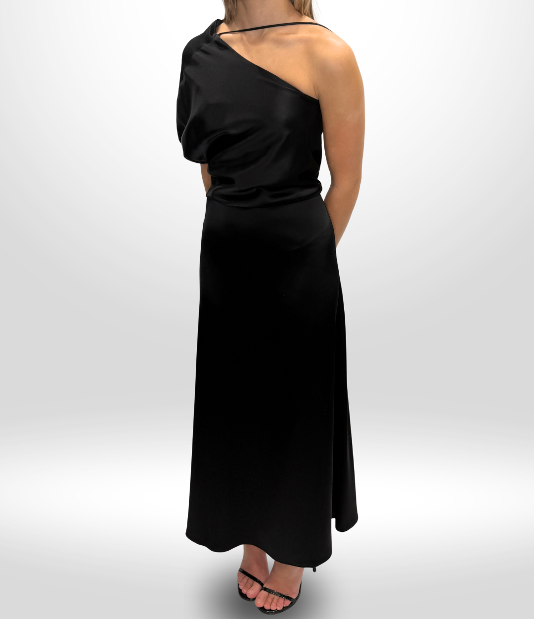ESSE Black Midi One Shoulder Dress Sz 8