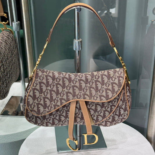 DIOR Vintage Brown Oblique Canvas Double Saddle Bag
