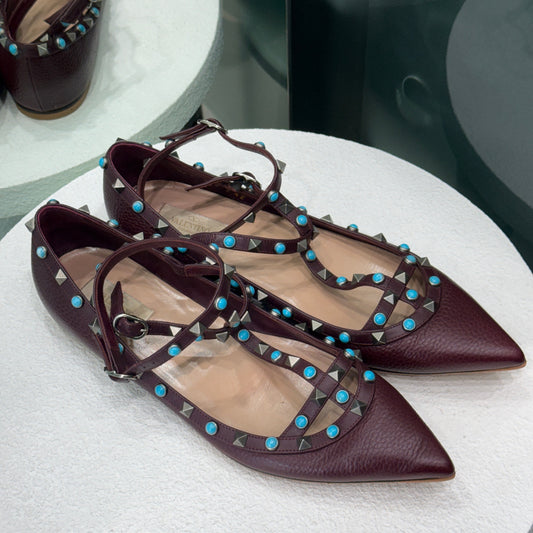 VALENTINO Burgundy Rockstud Flats Sz 42