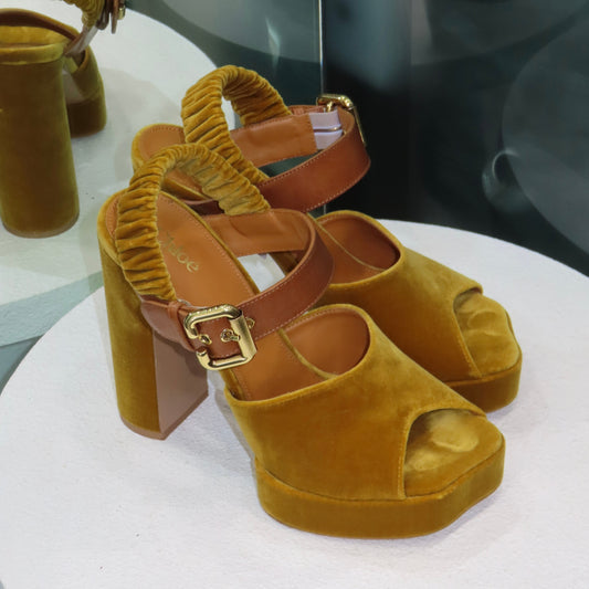 CHLOE Aria Velvet Platform Sz 38 - Gold Ochre