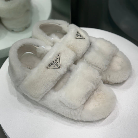 PRADA White Fluffy Dad Sandals Sz 36