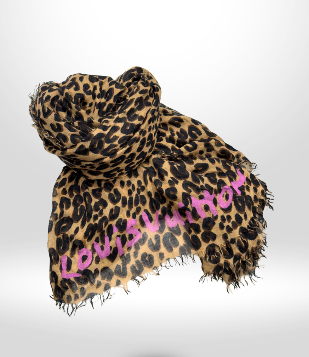 LOUIS VUITTON Cashmere Silk Leopard Print Scarf 