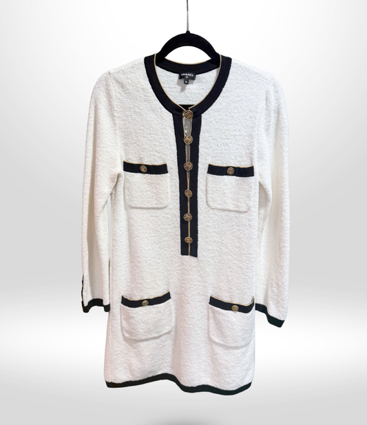 CHANEL White Gold Detail Terry Dress Sz 36