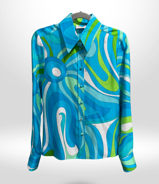 EMILIO PUCCI Blue Patterned Silk Shirt Sz 36