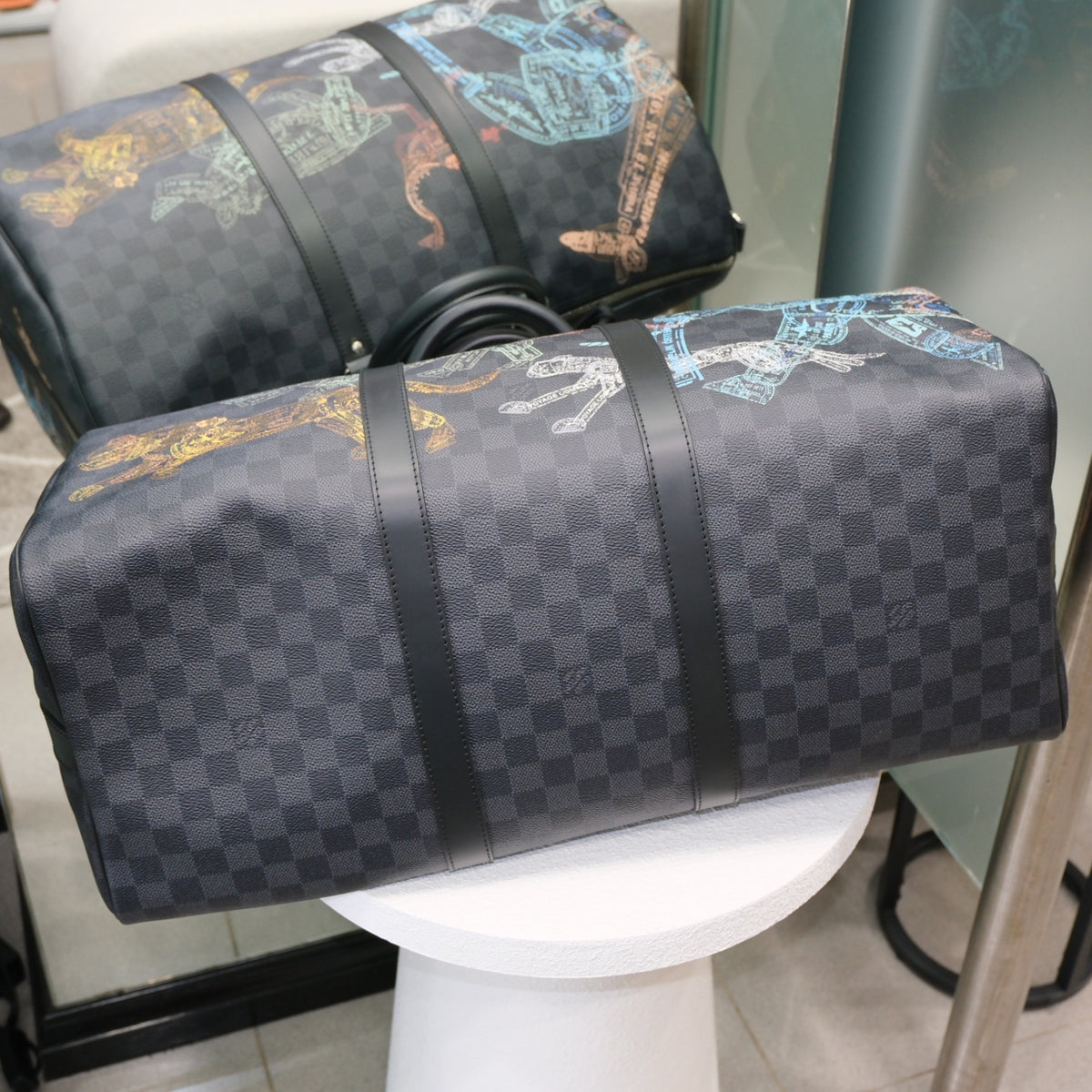 LOUIS VUITTON Keepall Bandouliere 50 Damier Graphite Stamps Animals Weekend Bag