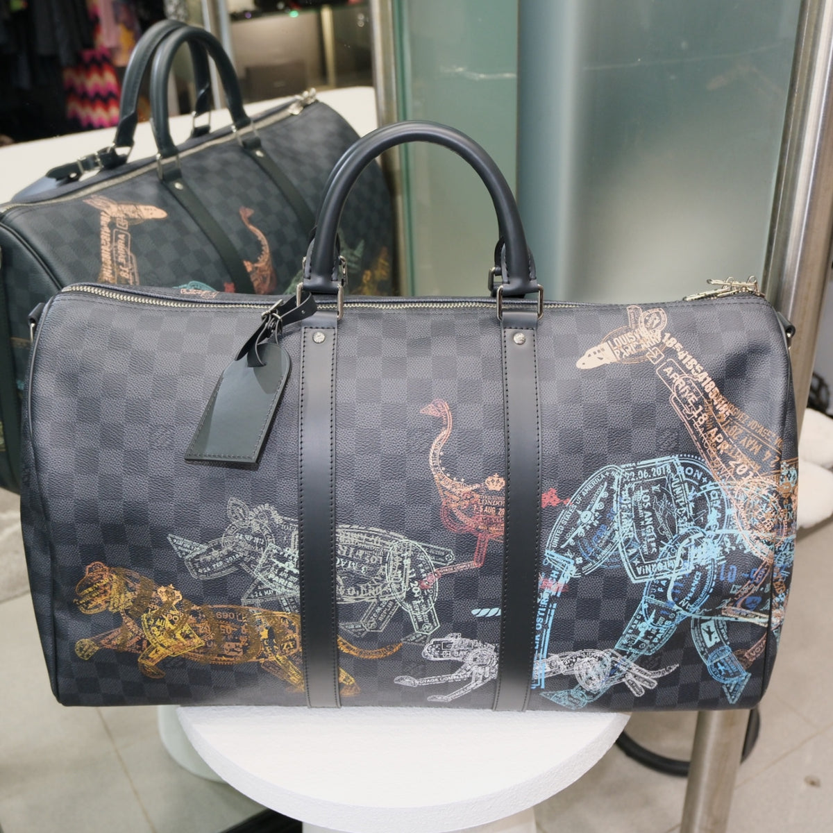LOUIS VUITTON Keepall Bandouliere 50 Damier Graphite Stamps Animals Weekend Bag