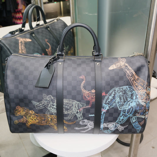 LOUIS VUITTON Keepall Bandouliere 50 Damier Graphite Stamps Animals Weekend Bag