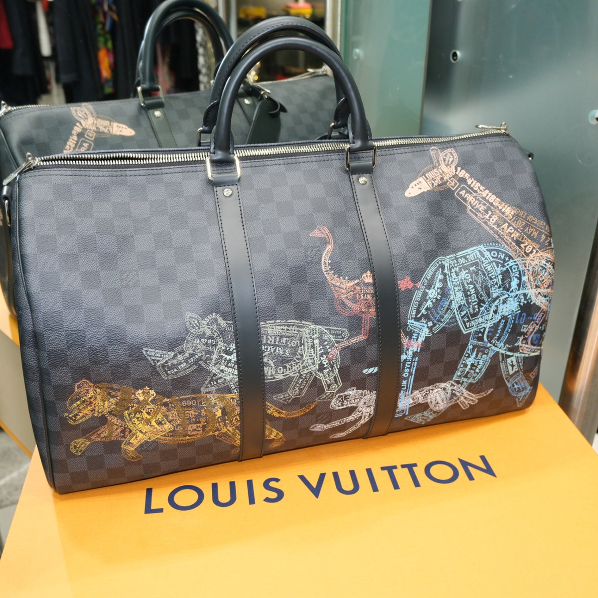 LOUIS VUITTON Keepall Bandouliere 50 Damier Graphite Stamps Animals Weekend Bag