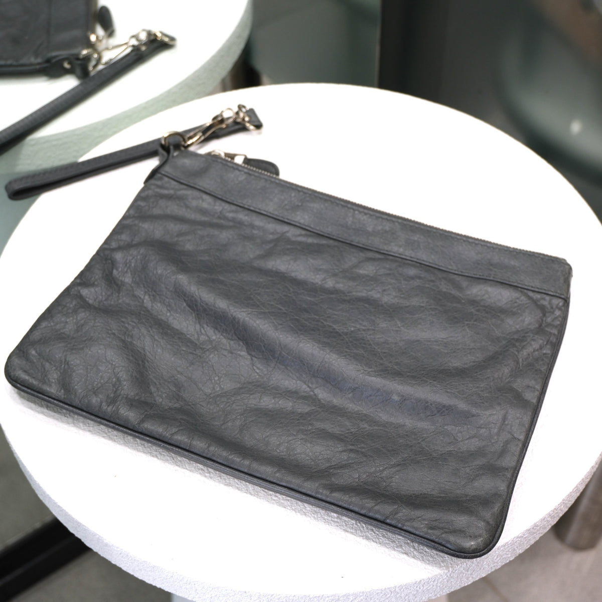 BALENCIAGA Motocross Leather Clutch – Grey