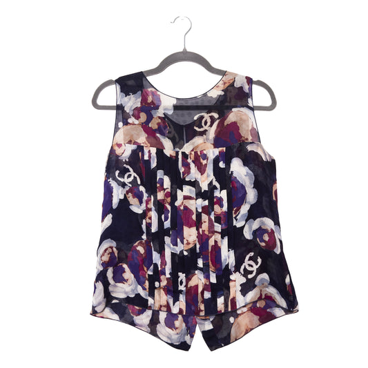 CHANEL Navy Camellia Print Silk Chiffon Blouse 40