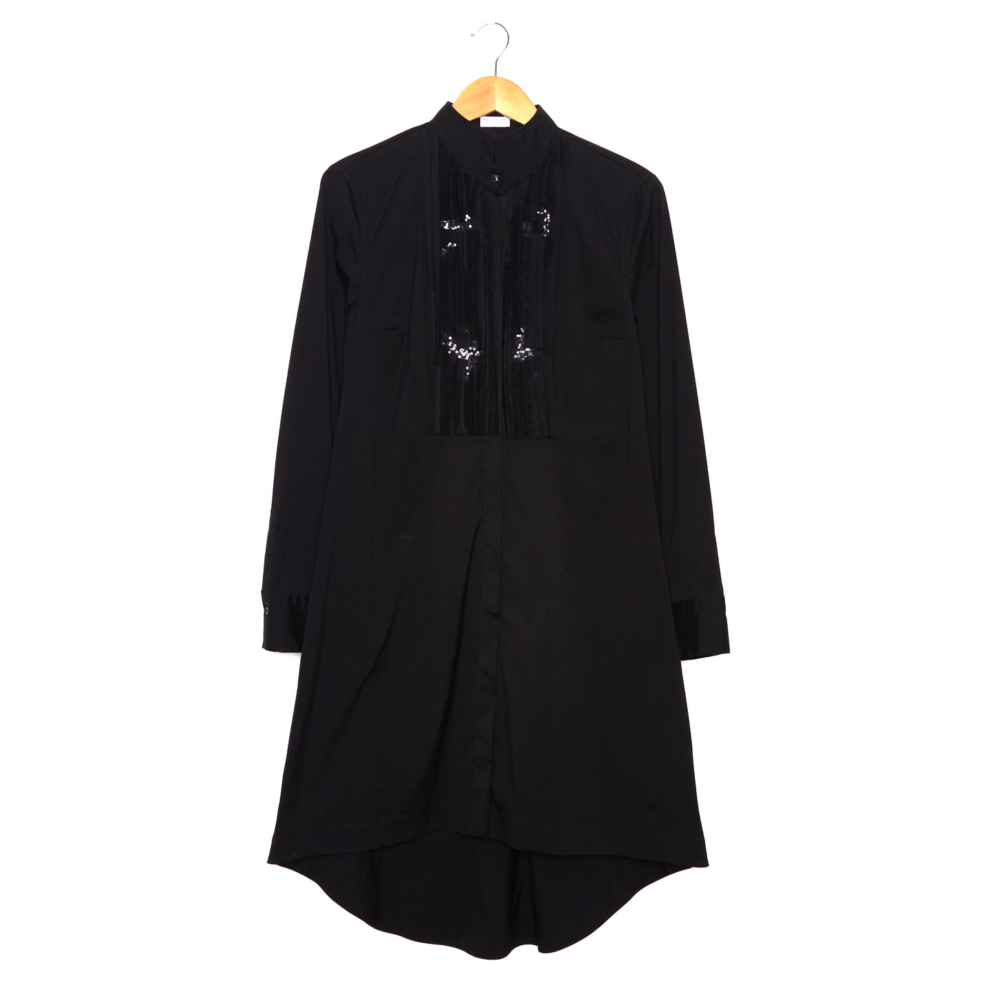 Brunello Cucinelli long sleeve black sequin button down dress with frills.